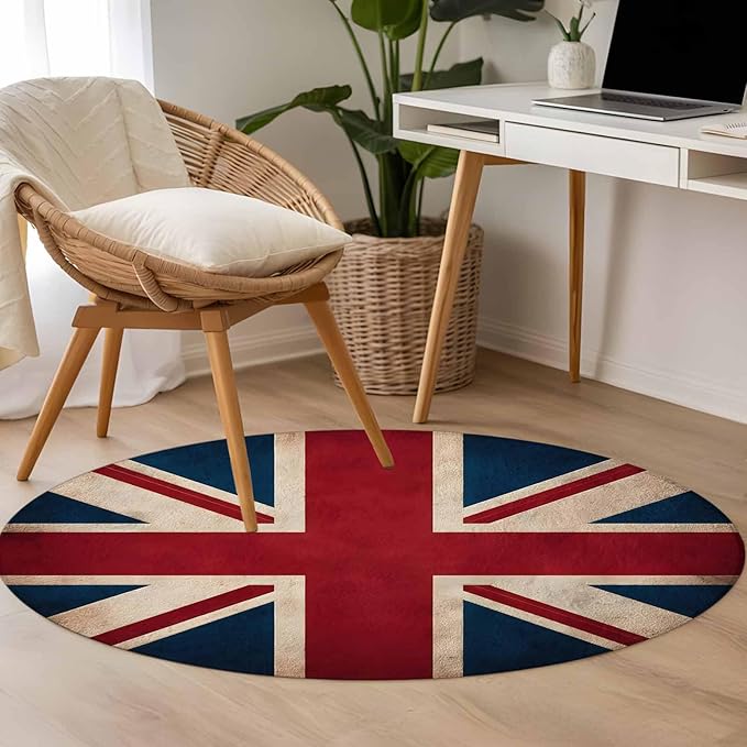 Washable Round Area Rug Vintage Union Jack Flag Circle Rugs Floor Carpet for Living Room Bedroom, Reerto Flags of The United Kingdom Soft Non Slip Round Rug 3ft