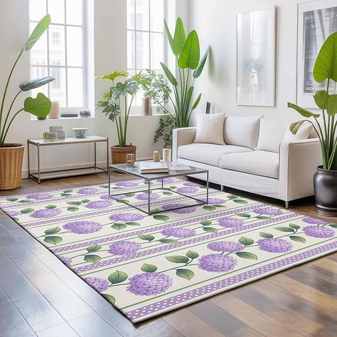 Area Rug 4x6ft, Watercolor Hydrangea Flower Washable Rugs for Living Room Bedroom, Spring Floral Leaves on Linen Soft Non-Slip Area Rugs Rectangle Floor Carpet for Dining Room