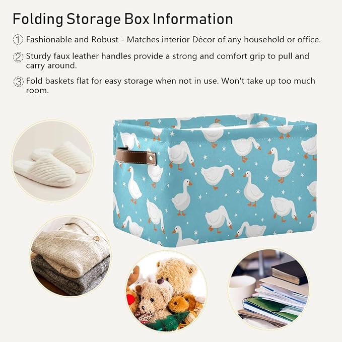 DOMIKING Ducks Blue Stars Rectangular Storage Bin Basket with Handles - Organizer Bin for Books Laundry Basket for Clothes Playroom Pets