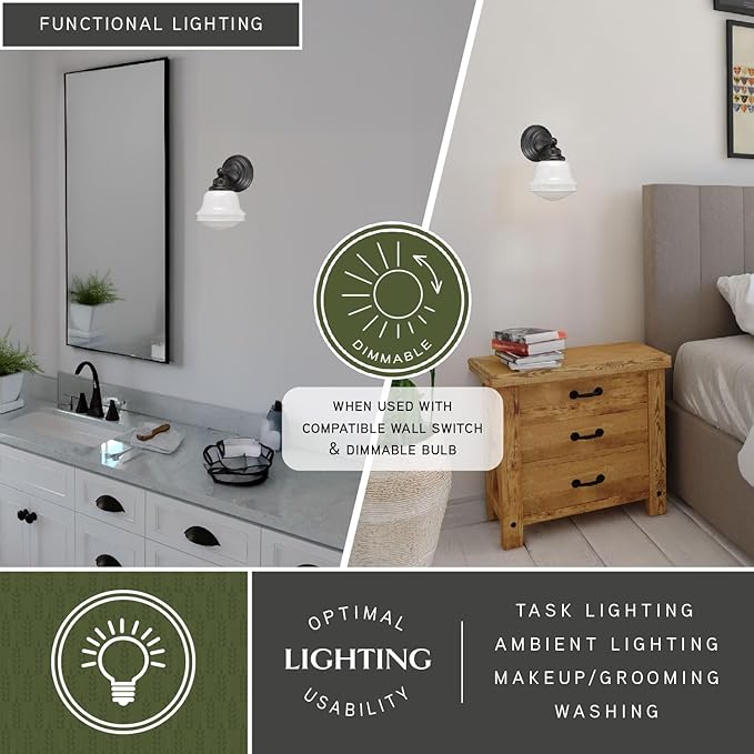 VAXCEL Huntley 1-Light 6.75 inch Wide Oil Rubbed Bronze Farmhouse Bathroom Vanity Lighting Fixture, White Schoolhouse Milk Glass Globe Shade, Dimmable, LED Compatible, Wall Mounted Steel Sconce