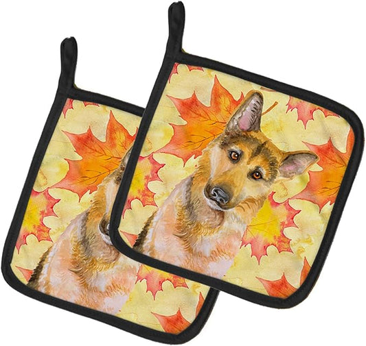 Caroline's Treasures BB9972PTHD German Shepherd #2 Fall Pair of Pot Holders, Yellow Kitchen Heat Resistant Pot Holders Sets Oven Hot Pads for Cooking Baking BBQ, 7 1/2 x 7 1/2