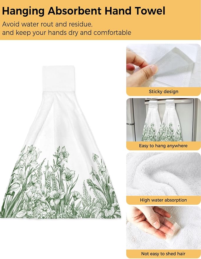 Alandar Home Kitchen Tie Towel Set of 1, Green Flowers Iris Lavender Leaves Absorbent Soft Hand Towels for Bathroom Hanging Towels, Spring Botanical Fast Drying Cleaning Cloth with Loop