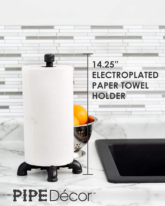 Pipe DÉCOR Black Electroplated Industrial Paper Towel Holder, Rustic Kitchen Farmhouse Decoration, Durable Metal Base and Stand Set