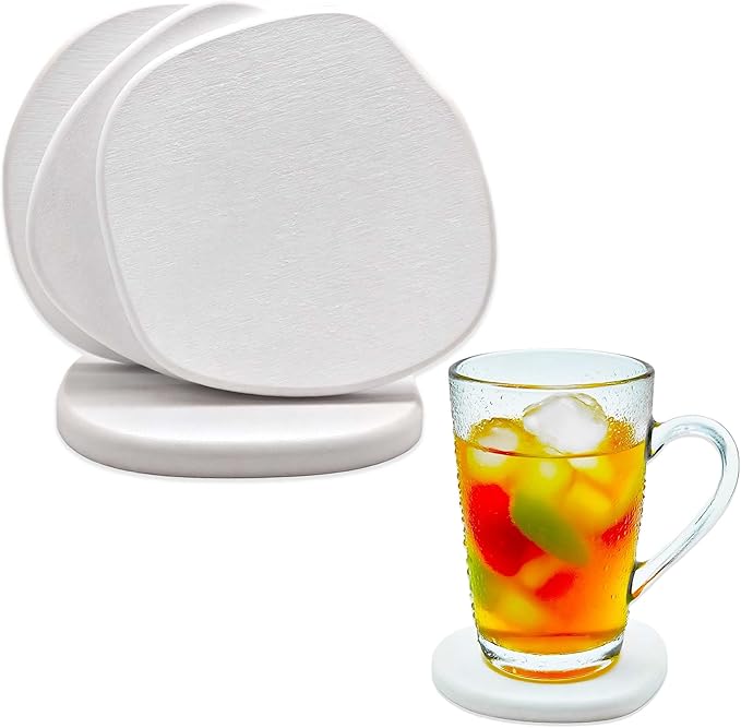 Coasters Set of 4 | Drink Diatomite Coasters Absorbent Cute Modern Unique Aesthetic Stone Coaster for Desks Coffee Table, Instant Drying, with 16 Removable Scratch Protection Pads, White
