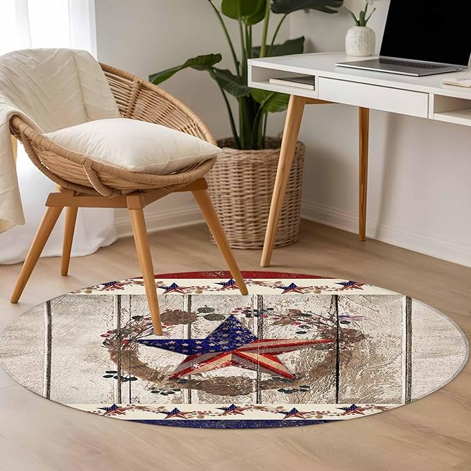 Washable Round Area Rug Retro USA Flag Star and Berry Circle Rugs Floor Carpet for Living Room Bedroom, Wooden Texture Soft Non Slip Round Rug 3ft