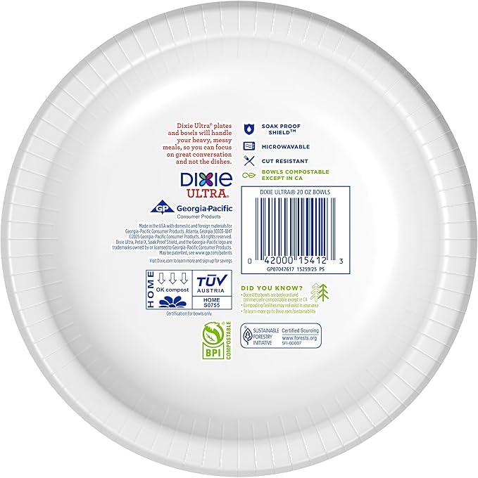 Dixie Ultra, Large Paper Bowls, 20 Oz, 150 Count (6 packs of 25 bowls), Microwave Safe, Compostable, Disposable Bowls Great For Breakfast, Lunch, And Dinner Meals