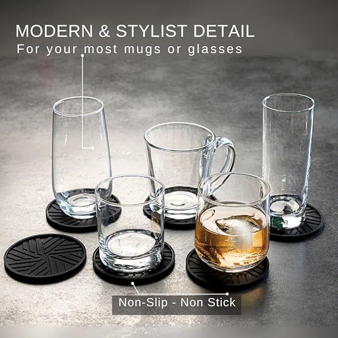 Silicone Coasters Set of 6 with Gold Holder - Smart and Modern Design That Holds Your Drink’s Condensation Protect Your Coffee Table, Decor for Home, Office, bar, Kitchen - Black