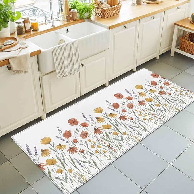 Runner Rug for Bedroom Hallway, Watercolor Daisies Lavender Kitchen Runner Rugs Area Rug 2x6ft, Country Floral Art Washable Soft Floor Carpet for Entryway Stair