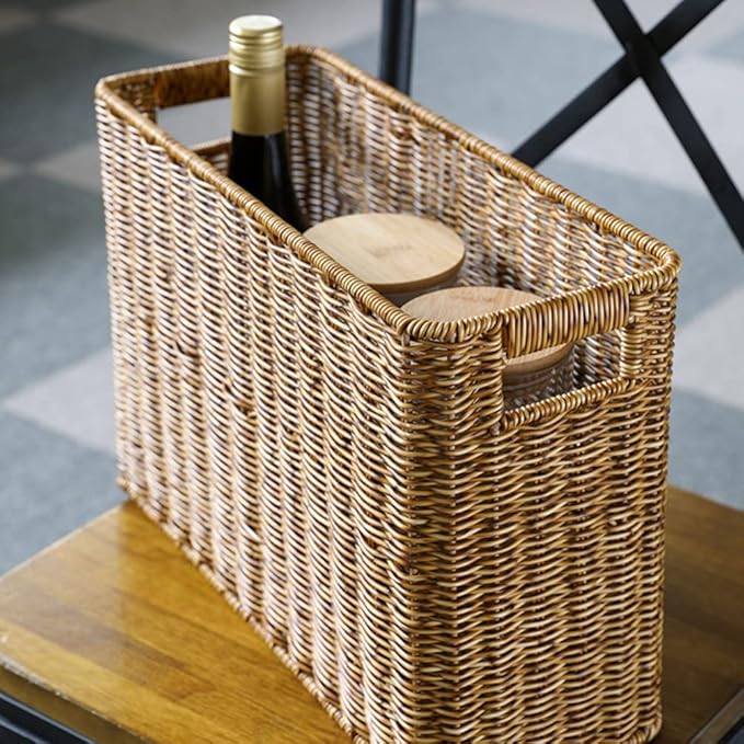 Happyyami Hand-Woven Magazine Basket Magazine Wicker Basket Rattan Magazine Holder Desk Storage Baskets with Handle for Bathroom Office