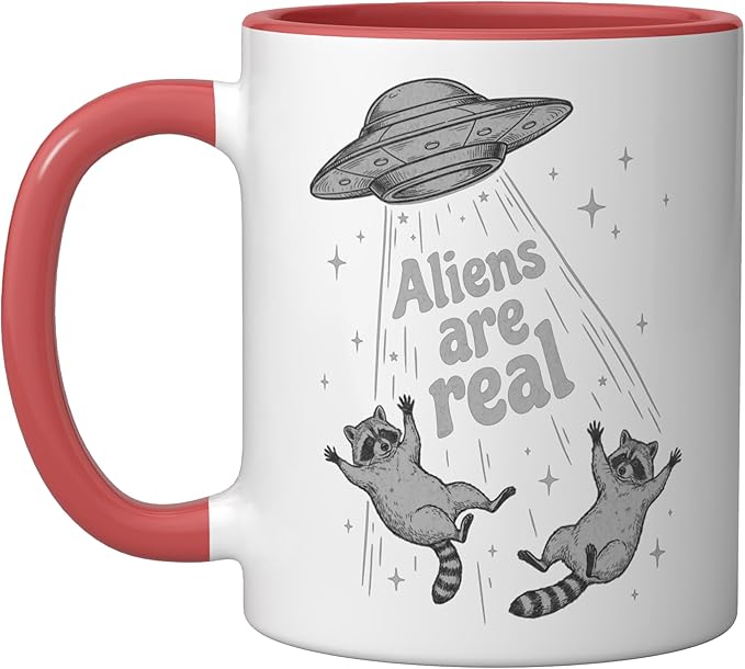 Aliens Are Real UFO Raccoon Abduction Ironic Meme Ceramic Mug, Red/White