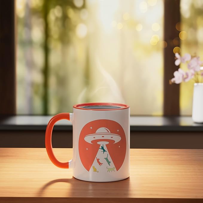 Cat UFO Funny Cat humor Kitten Owner UFO lover flying saucer Ceramic Mug, Orange/White