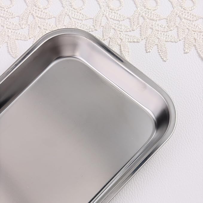 SUTOKAKA Decorative Serving Tray, Manicure Tools Storage Dish, Perfume Jewelry Dinner Placing Plate for Bedroom Kitchen Salon Supplies (Silver - 2PC, 8.86 * 4.61 * 0.79 INCH)