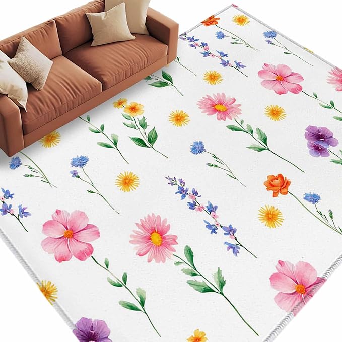 Area Rug 8x10ft, Watercolor Farmhouse Flower Washable Rugs for Living Room Bedroom, Yellow Pink Purple Blue Floral Soft Non-Slip Area Rugs Rectangle Floor Carpet for Dining Room