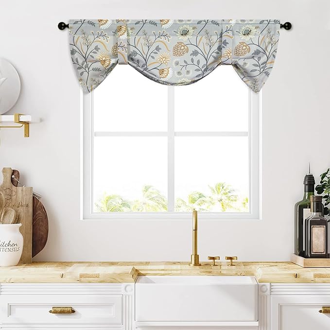 Leeva Tie Up Valances for Windows, Grey Flower Print Adjustable Short Window Treatments, Light Filtering Kitchen Curtains Valances for Living Room Bedroom, 52 x 18, One Panel
