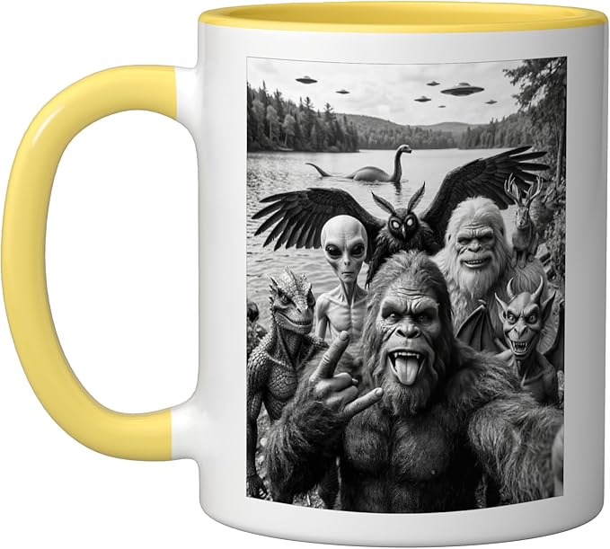 Bigfoot Alien Loch Ness Monster UFO Cryptids Selfie Ceramic Mug, Yellow/White
