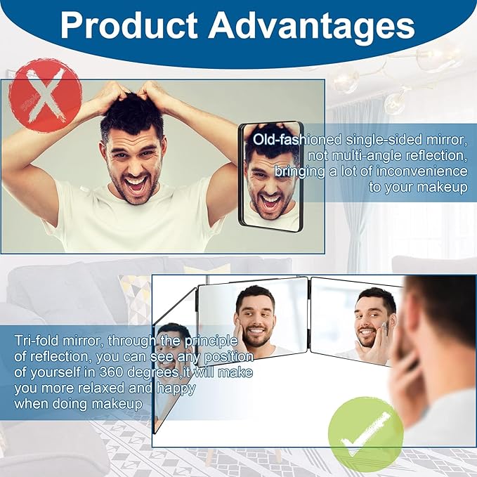 LMZNXCZ 3 Way Mirror for Self Hair Cutting,360 Haircuts Men for Barber Use Tools,to See Back of Head,Tri Fold Mirror with Portable Height Adjustable Telescoping Hooks (6.7" x 10.8")