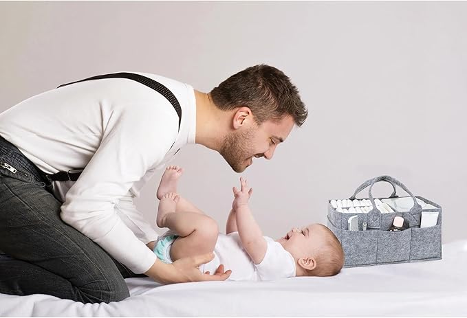 Sammy & Lou Collapsible Light Gray Felt Storage Caddy, Divided Design To Keep Diapers, Wipes And Changing Items Organized, Two Handles, 11.5"D x 6"W x 8"H