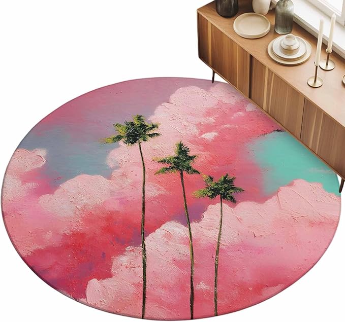Washable Round Area Rug Summer Dreamy Pink Cloud Circle Rugs Floor Carpet for Living Room Bedroom, Watercolor Tropical Palm Tree Soft Non Slip Round Rug 3ft