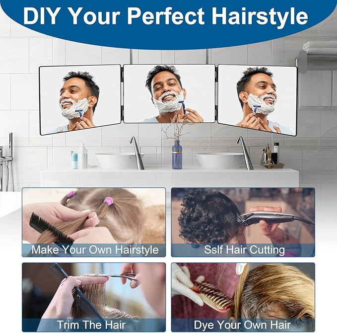 LMZNXCZ 3 Way Mirror for Self Hair Cutting,360 Haircuts Men for Barber Use Tools,to See Back of Head,Tri Fold Mirror with Portable Height Adjustable Telescoping Hooks
