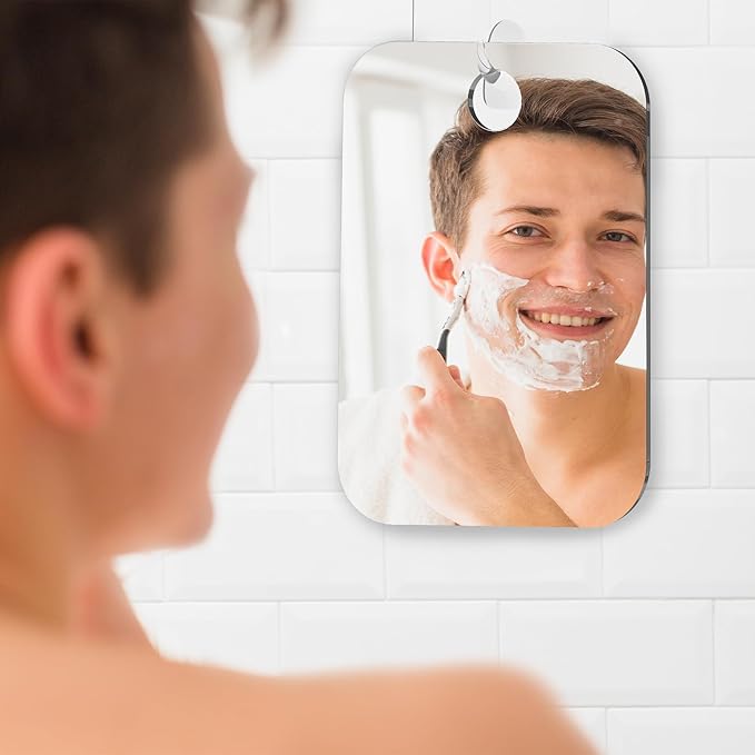 HONEYBULL Fogless Shower Mirror for Shaving – Anti-Fog Acrylic Mirror with Razor Holder, No-Drill Wall Mount, Flat Design for Steam Showers, Medium 6x8in