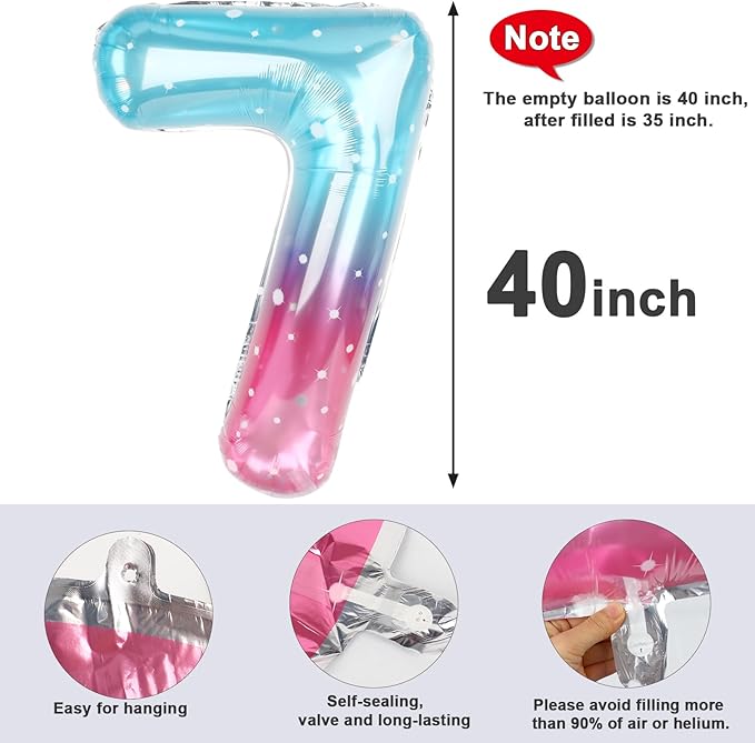 40 Inch Number 7 Balloon, 6 7 Birthday Decorations, Pink Purple Blue Seven Birthday Decor, 7 17 27 70 Year Old Balloon Number for Engagement, Wedding, Graduations