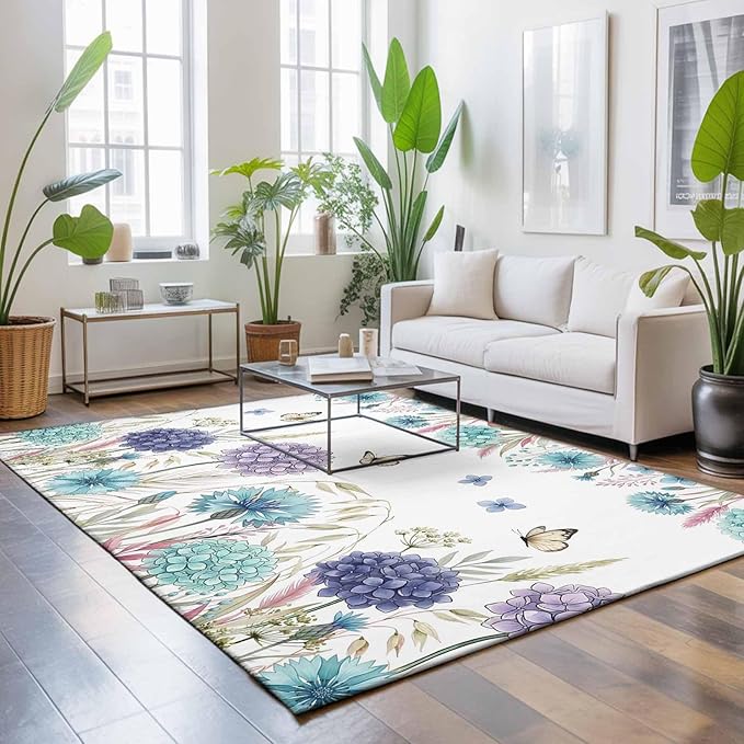 Area Rug 8x10ft, Spring Flower Thistle Hydrangea Washable Rugs for Living Room Bedroom, Wild Garden Floral Butterfly Soft Non-Slip Area Rugs Rectangle Floor Carpet for Dining Room