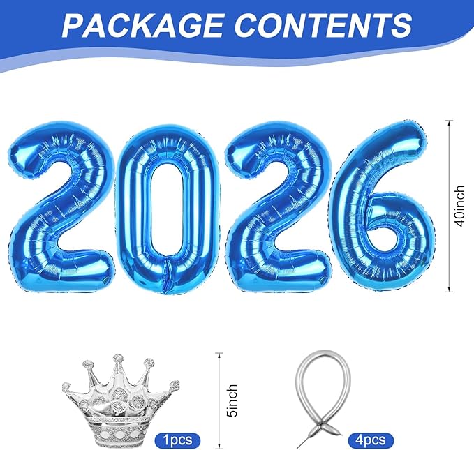 2026 Balloons Blue,40 Inch 2026 Number Balloons with Foil Crown Balloons for Happy New Year Decorations New Years Eve 2026 Graduation Decorations Class of 2026 Party Supplies