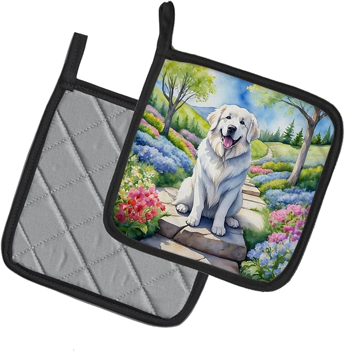 Caroline's Treasures Great Pyrenees Spring Path Pair of Pot Holders Kitchen Heat Resistant Pot Holders Sets Oven Hot Pads for Cooking Baking BBQ, 7 1/2 x 7 1/2
