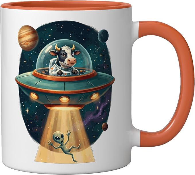 Funny Cow Astronaut UFO Abducting Alien Space Graphic Ceramic Mug, Orange/White