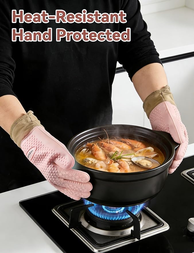 Silicone Oven Mitts with Five-Finger Design, Extended Cuff & Soft Cotton Lining – Heat Resistant, Waterproof, Non-Slip Oven Gloves for Baking, Cooking, Grilling, Safe Grip on Hot Cookware - Pink