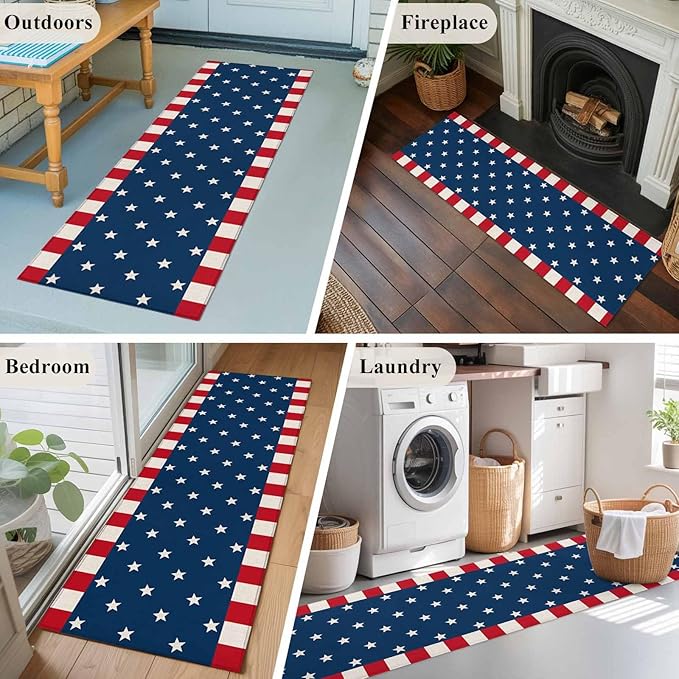 Runner Rug for Bedroom Hallway, American Independence Day Kitchen Runner Rugs Area Rug 2x6ft, USA Stars on Blue Red White Border Washable Soft Floor Carpet for Entryway Stair