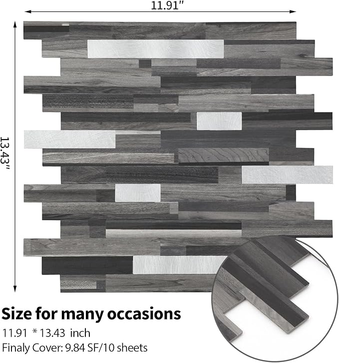 Yipscazo 1 Sheet Peel and Stick Stone Metal Tile Backsplash, Stick on Tiles for Backsplash Kitchen, Bathroom, Laundry Room, Camper, Fireplace (12'' X 12'', Black Wood Grain)