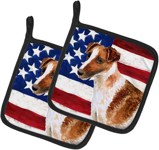 Caroline's Treasures BB9647PTHD Smooth Fox Terrier Patriotic Pair of Pot Holders Kitchen Heat Resistant Pot Holders Sets Oven Hot Pads for Cooking Baking BBQ, 7 1/2 x 7 1/2