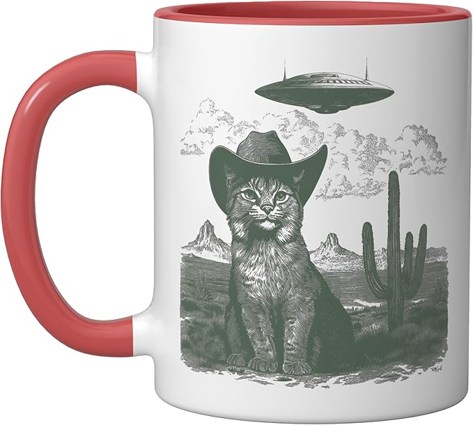 Feline in Hat UFO Sighting Arid Wilderness Cat Design Ceramic Mug, Red/White