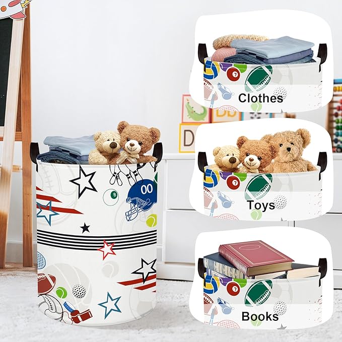 Sports Balls Baby Laundry Hamper Collapsible Clothes Kids Storage Basket Large Boys Gift Toy Box Bin for Play Room, White, 63L
