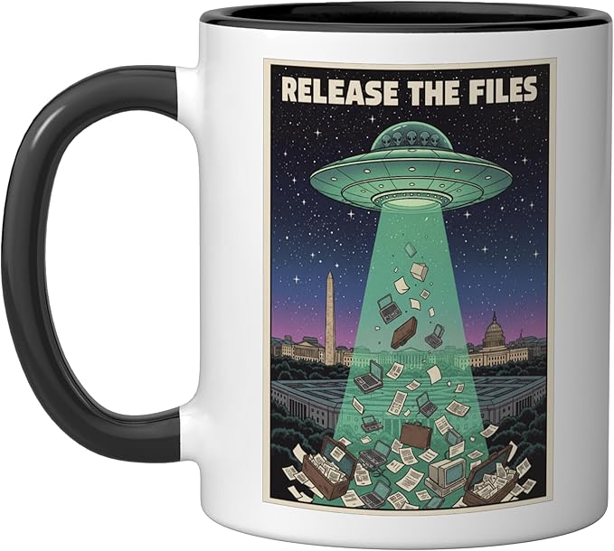 Release the Files UFO Disclosure UAP Alien Conspiracy Ceramic Mug, Black/White
