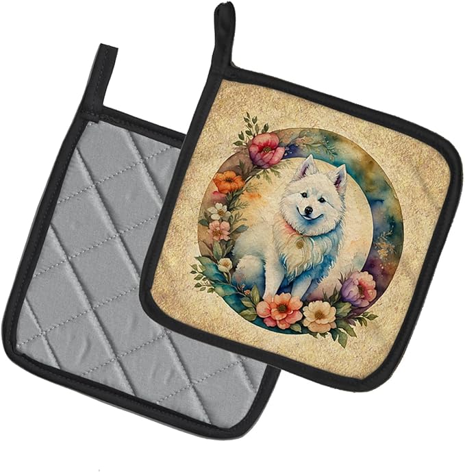 Caroline's Treasures American Eskimo and Flowers Pair of Pot Holders Kitchen Heat Resistant Pot Holders Sets Oven Hot Pads for Cooking Baking BBQ, 7 1/2 x 7 1/2