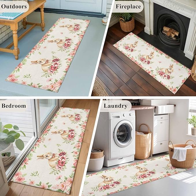 Runner Rug for Bedroom Hallway, Retro Easter Rabbit on Linen Kitchen Runner Rugs Area Rug 2x6ft, Spring Pastoral Pink Flower Leaf Washable Soft Floor Carpet for Entryway Stair