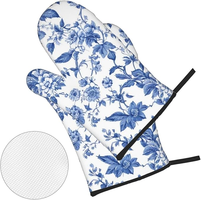 4 Pcs Blue and White Flower Oven Mitts and Potholders,Kitchen Oven Glove with Pot Holders,Non-Slip Gloves High Heat Resistant 500 Degree for BBQ, Grill, Baking, Cooking, Oven, Microwave