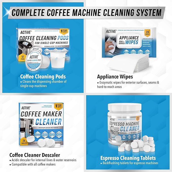 ACTIVE K-Cup Compatible Keurig Cleaning Pods - Quick-Rinse Cleaners for Single Serve Coffee Machine, 12 Month Coffee Maker Cleaner Kit, Brewer Clean Cups for Keurig 1.0, 2.0, Mini Machines - 12 Pack