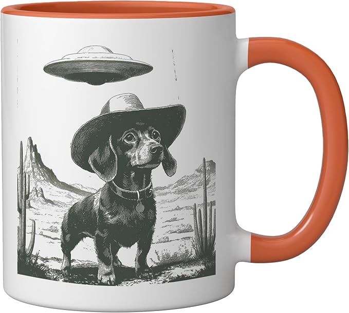 Funny Dachshund Cowboy Alien UFO Desert Dog Ceramic Mug, Orange/White