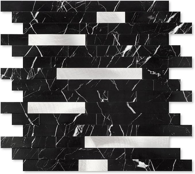 Yipscazo 1 Sheet Peel and Stick Stone Metal Tile Backsplash, Stick on Tiles for Backsplash Kitchen, Bathroom, Laundry Room, Camper, Fireplace (12'' X 12'', Pure Black)