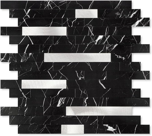 Yipscazo 20 Sheets Peel and Stick Stone Metal Tile Backsplash, Stick on Tiles for Backsplash Kitchen, Bathroom, Laundry Room, Camper, Fireplace (12'' X 12'', Pure Black)