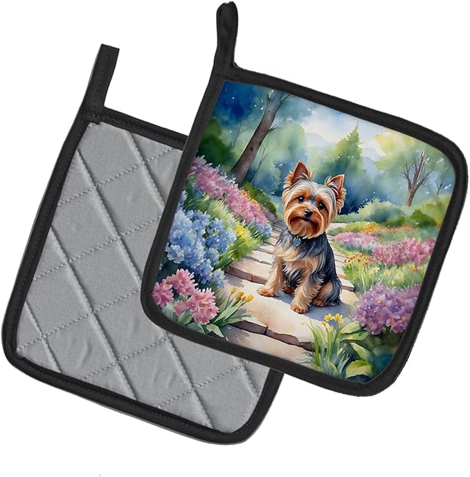 Caroline's Treasures Yorkshire Terrier Spring Path Pair of Pot Holders Kitchen Heat Resistant Pot Holders Sets Oven Hot Pads for Cooking Baking BBQ, 7 1/2 x 7 1/2