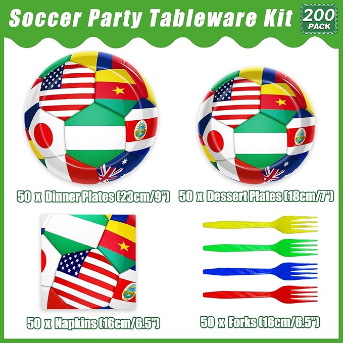 200Pcs World Cup Party Tableware Set, 2026 Soccer Ball Party Decorations Soccer Sports Events Festivals Supplies for International World Flags Disposable Paper Plates Napkins Forks Favors, Serve 50