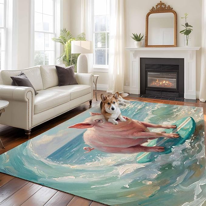 Area Rug 6x9ft, Surfing Farm Pink Pig Washable Rugs for Living Room Bedroom, Summer Blue Sea Wave Beach Soft Non-Slip Area Rugs Rectangle Floor Carpet for Dining Room