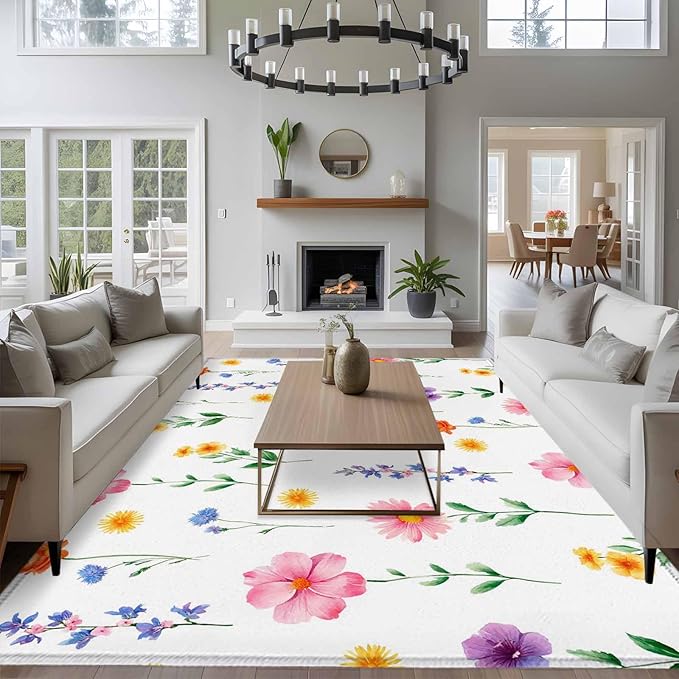 Area Rug 9x12ft, Watercolor Farmhouse Flower Washable Rugs for Living Room Bedroom Rectangle Floor Carpet, Yellow Pink Purple Blue Floral Soft Non-Slip Area Rugs for Dining Room
