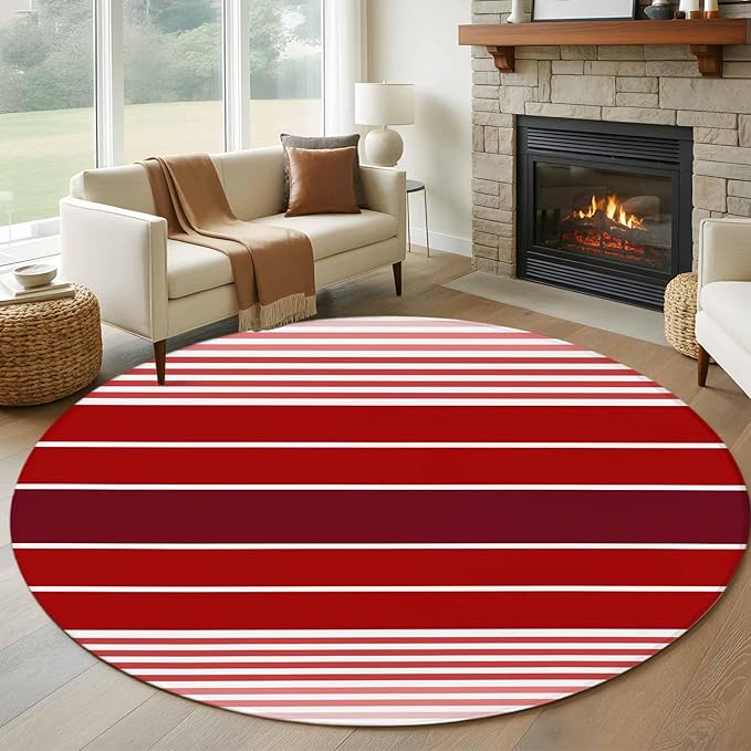 Washable Round Area Rug Abstract Gradient Red White Stripes Circle Rugs Floor Carpet for Living Room Bedroom, Ombre Modern Art Soft Non Slip Round Rug 5ft