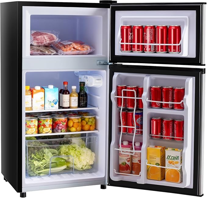 Sweetcrispy 3.2 Cu.Ft Mini Fridge with Freezer, 2 Door Small Refrigerator with Adjustable Thermostat Energy-efficient Low Noise, Compact Fridge for Bedroom, Office, Dorm, Silver