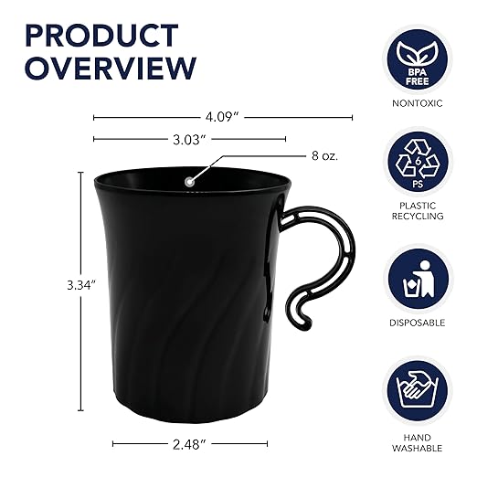 Party Essentials Elegance Plastic Coffee Cup/Tea Mug/Punch Cup w/Handle, 40 Count, 8-Ounce, Black
